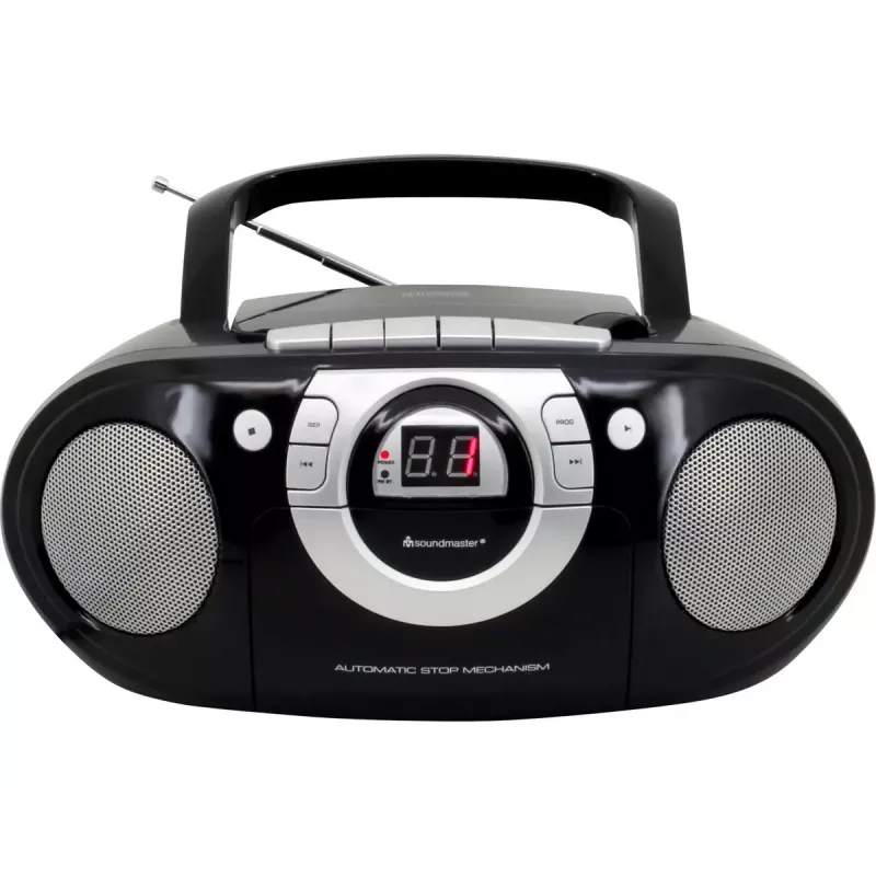 Sistema estéreo portátil Soundmaster SCD5100SW — sintonizador FM analógico 87,5–108 MHz, leitor de CD/MP3, 1 W RMS, ecrã LED, preto