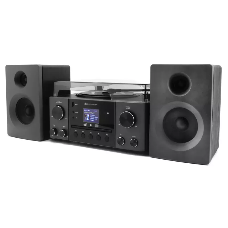 Sistema de áudio doméstico Soundmaster MCD1950SW — 20 W RMS, DAB+/FM, reprodução de CD/MP3, AUX de 3,5 mm, alimentação por rede (preto)