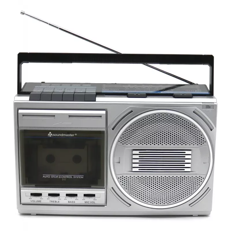 Leitor de cassetes portátil Soundmaster RR20SI — rádio FM/MW/KW, 3 W RMS, auscultadores de 3,5 mm, preto/prateado
