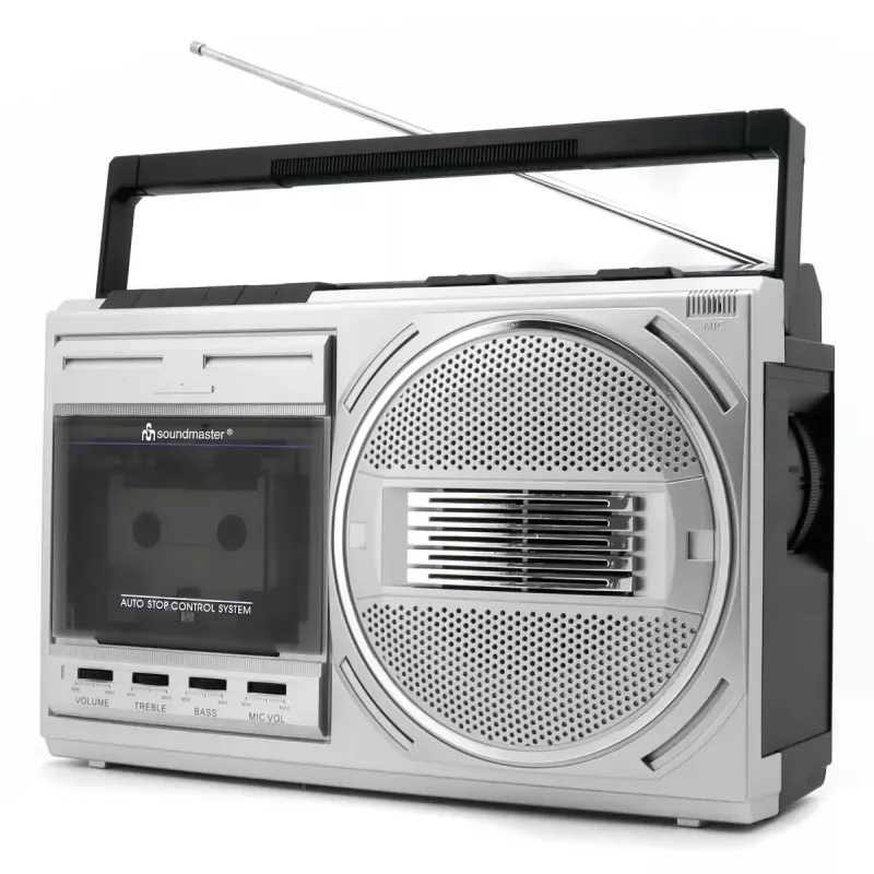 Leitor de cassetes portátil Soundmaster RR20SI — rádio FM/MW/KW, 3 W RMS, auscultadores de 3,5 mm, preto/prateado