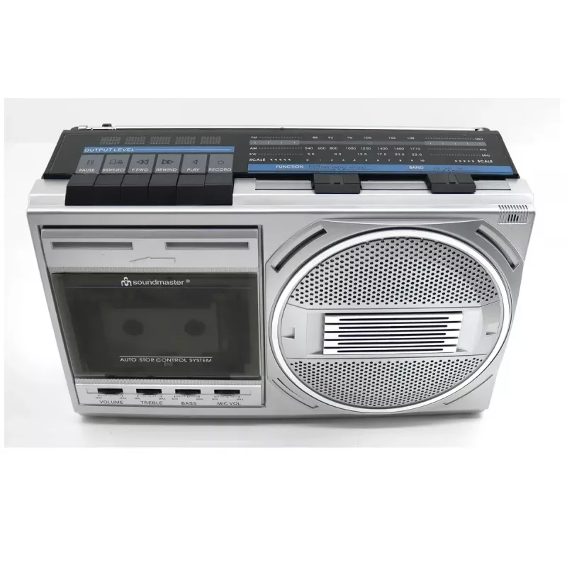 Leitor de cassetes portátil Soundmaster RR20SI — rádio FM/MW/KW, 3 W RMS, auscultadores de 3,5 mm, preto/prateado