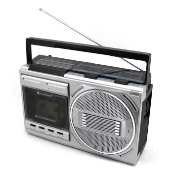 Leitor de cassetes portátil Soundmaster RR20SI — rádio FM/MW/KW, 3 W RMS, auscultadores de 3,5 mm, preto/prateado