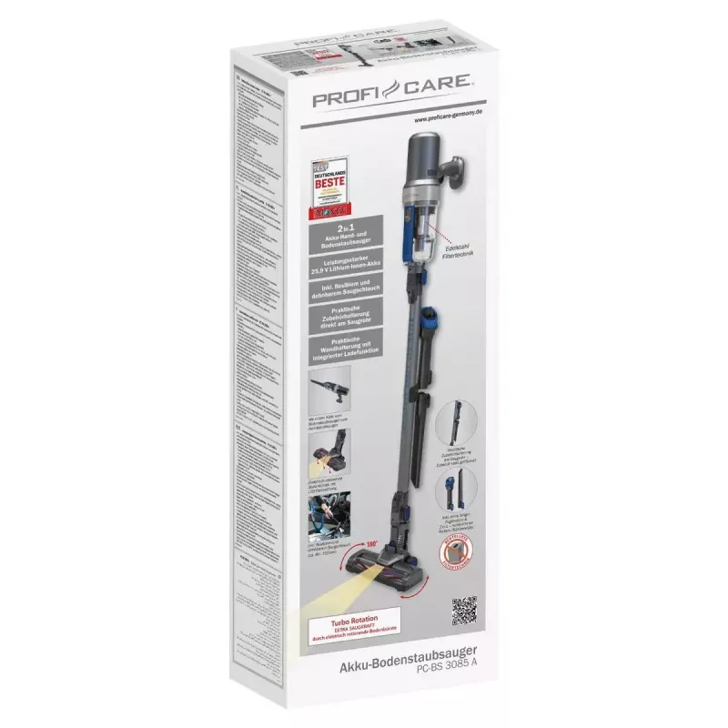 Aspirador vertical Profi-Care PC-BS 3085 A — 25,9 V Li‑Ion 2200 mAh, sem saco, escova de chão rotativa elétrica, LED, 2 níveis de potência
