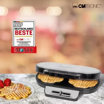 Máquina de waffles CLATRONIC WA3745, 2 waffles, 1200 W, revestimento interior em aço inoxidável, placas antiaderentes, cinzento
