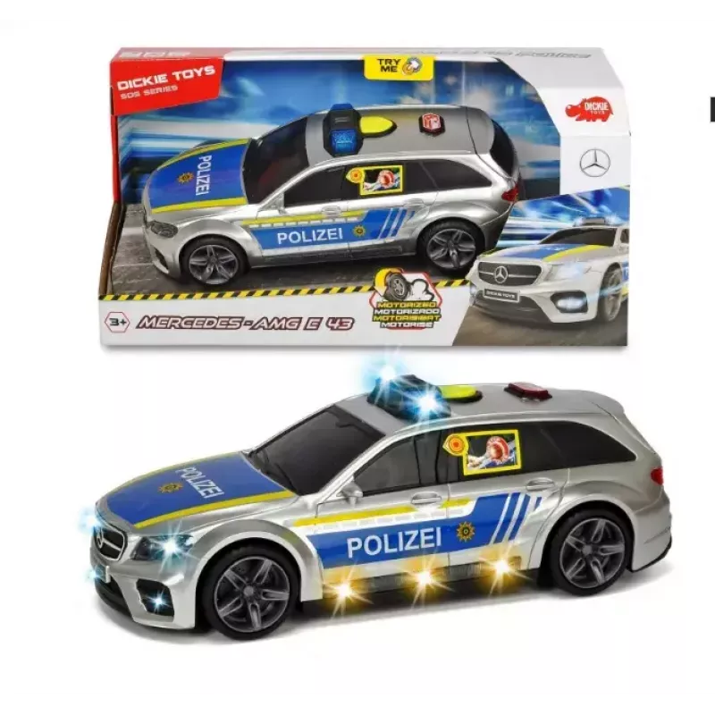 Carro Dickie Toys Mercedes Benz E43 AMG Police preto azul prateado amarelo