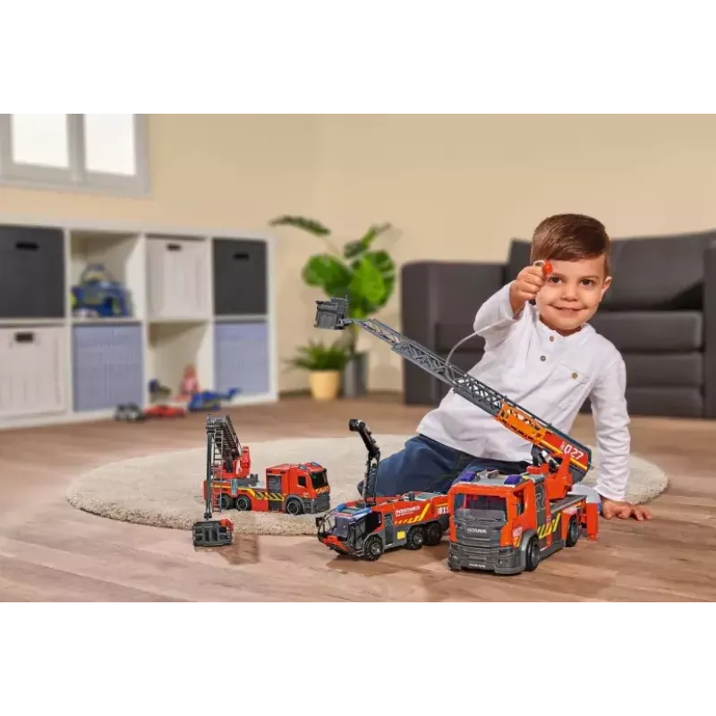 Carro de bombeiros Dickie Toys Scania escada giratória preto cinzento vermelho
