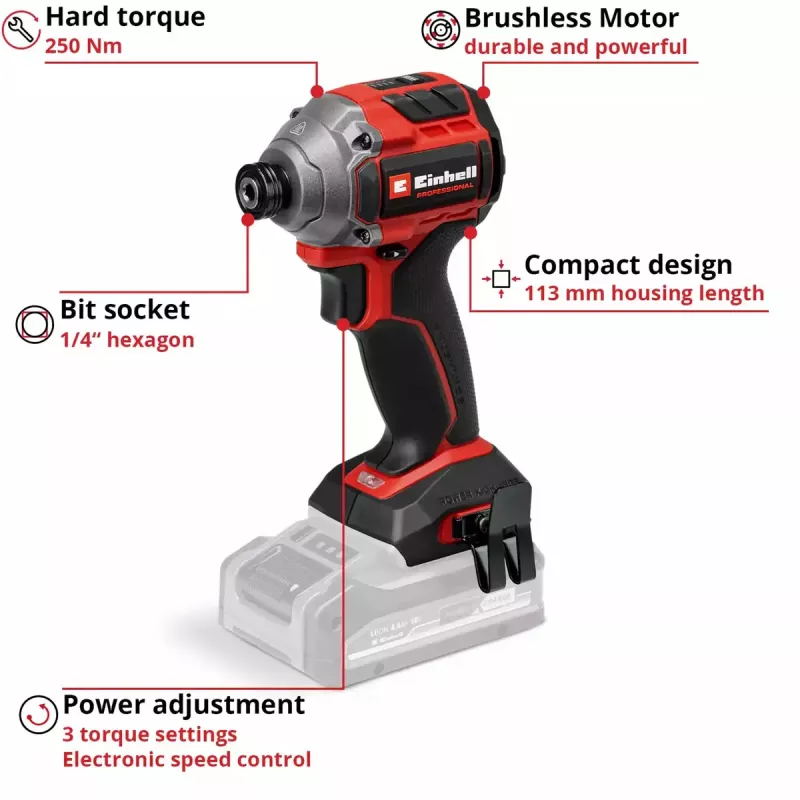 Parafusadeira de impacto com bateria EINHELL TP-CI 18/250-C Li BL, 18 V, sem escovas – caixa (sem bateria/carregador)