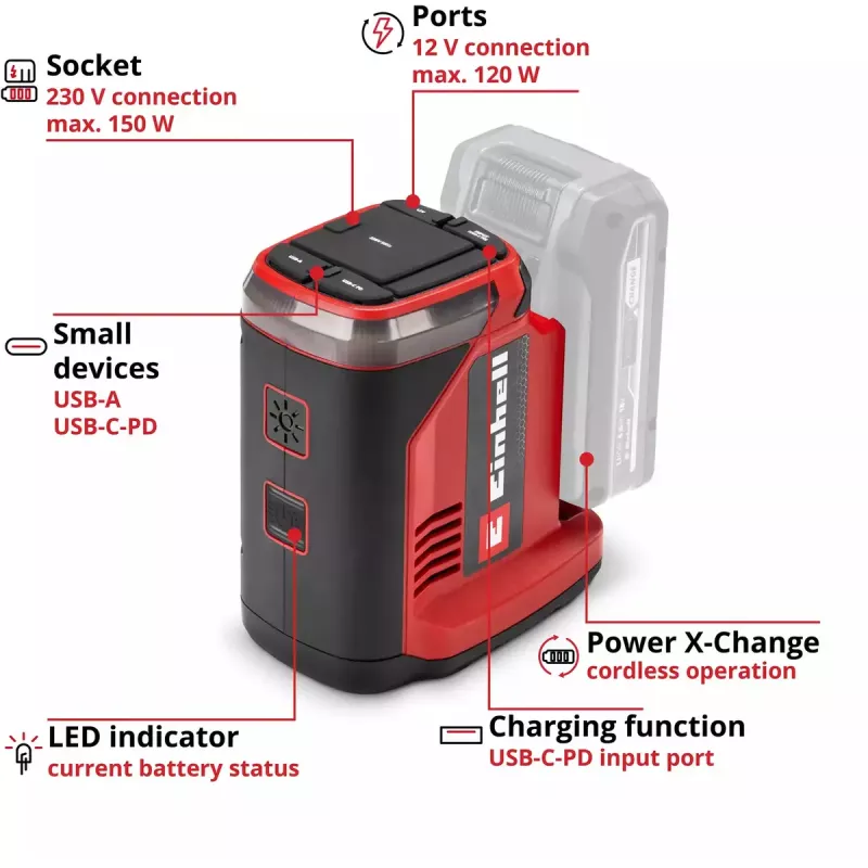 Estação de energia portátil com bateria EINHELL TE-ES 18/150/1 Li-C-Solo — alimentação elétrica móvel para baterias de 18V