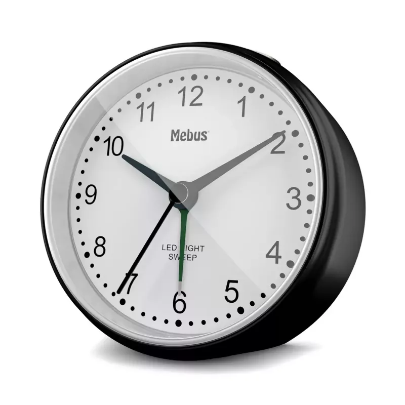 Despertador de quartzo Mebus 25806 redondo preto branco analógico pilha AA