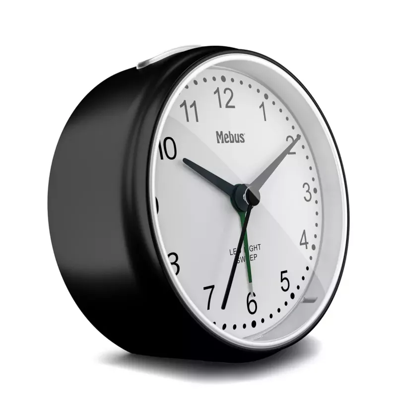 Despertador de quartzo Mebus 25806 redondo preto branco analógico pilha AA