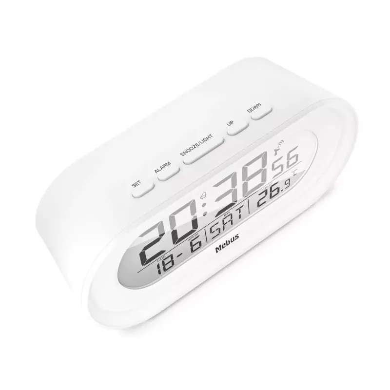 Despertador digital Mebus 25808 oval branco com retroiluminação azul pilha AAA