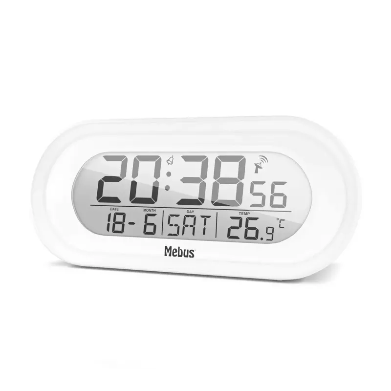 Despertador digital Mebus 25808 oval branco com retroiluminação azul pilha AAA