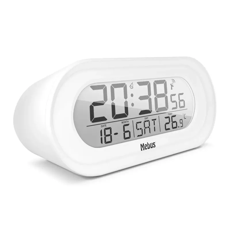 Despertador digital Mebus 25808 oval branco com retroiluminação azul pilha AAA