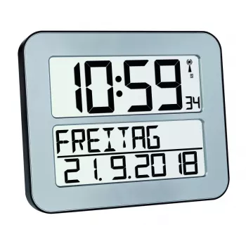 Despertador digital TFA 60.4512.54 — retangular prateado, pilha AA, caixa de plástico, 30×212×258 mm