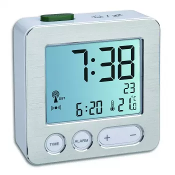 Despertador digital TFA 60.2545.54 — retangular, LCD prateado, retroiluminação azul, pilha (AAA)
