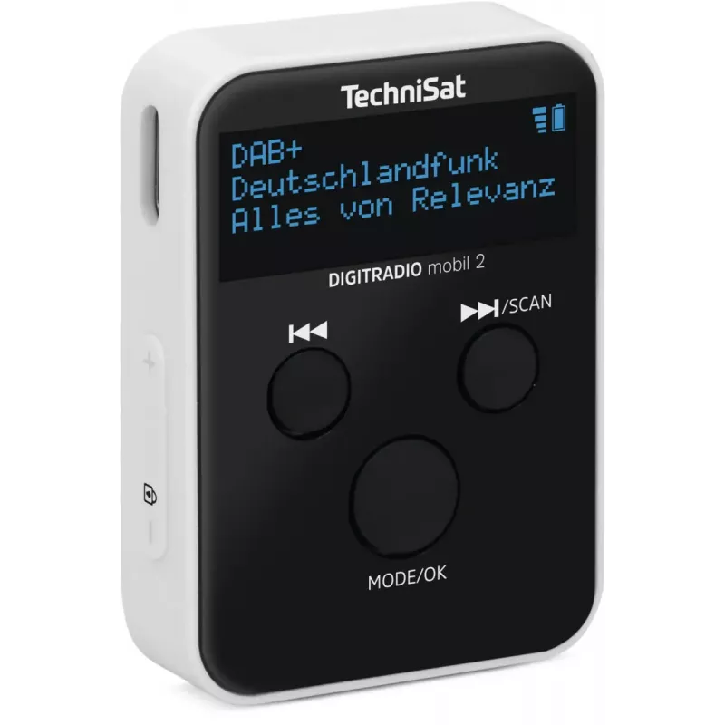 Rádio portátil TECHNISAT DIGITRADIO mobil 2 — DAB+ / FM, OLED 0,91 polegadas, 3,5 mm, USB-C, Li-Ion 500 mAh, preto/branco