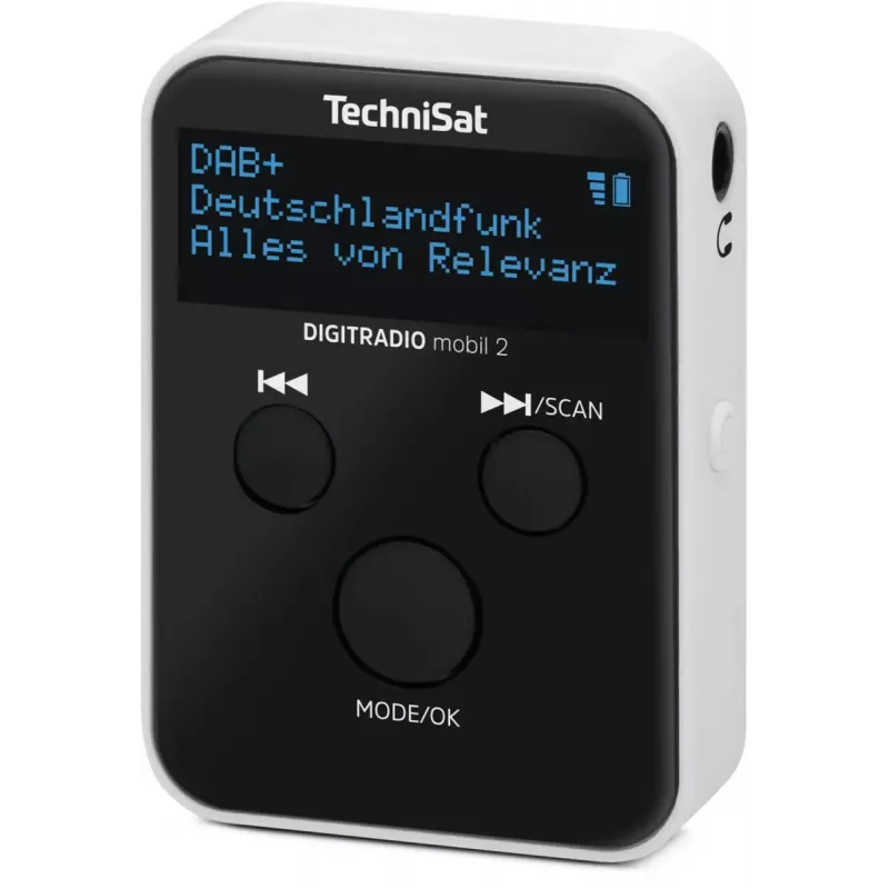 Rádio portátil TECHNISAT DIGITRADIO mobil 2 — DAB+ / FM, OLED 0,91 polegadas, 3,5 mm, USB-C, Li-Ion 500 mAh, preto/branco