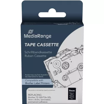 Cassete de fita plástica MediaRange Brother TZ-325 adesão permanente 9mm 8m branco sobre preto