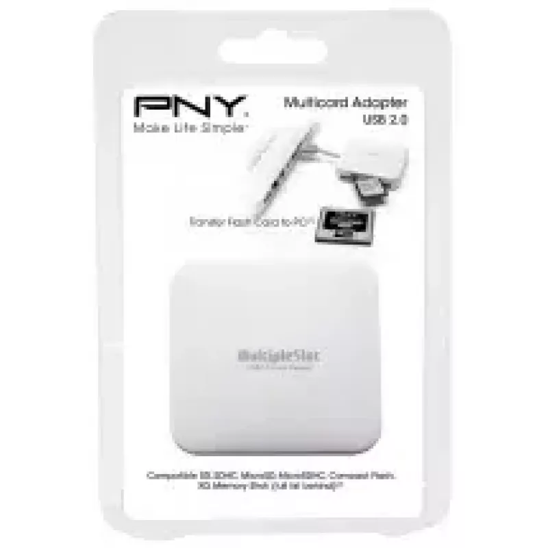 Leitor de cartões PNY All in One Reader — USB 2.0, 480 Mbit/s, suporta CF/SD/MicroSD/MS/MiniSD/MMC, branco, 54×54×13 mm, 29 g
