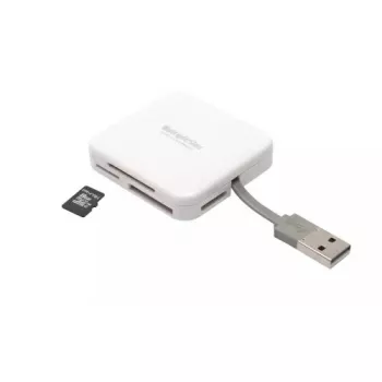 Leitor de cartões PNY All in One Reader — USB 2.0, 480 Mbit/s, suporta CF/SD/MicroSD/MS/MiniSD/MMC, branco, 54×54×13 mm, 29 g