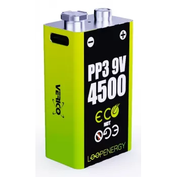 Pack de pilhas recarregáveis de 9V VERICO LoopEnergy PP3 4500 — iões de lítio, 2 unidades, 500 mAh, carregamento USB-C
