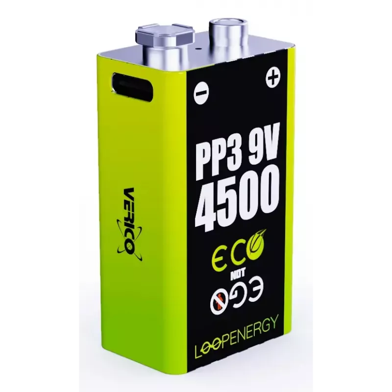 Pack de pilhas recarregáveis de 9V VERICO LoopEnergy PP3 4500 — iões de lítio, 2 unidades, 500 mAh, carregamento USB-C