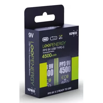 Pack de pilhas recarregáveis de 9V VERICO LoopEnergy PP3 4500 — iões de lítio, 2 unidades, 500 mAh, carregamento USB-C