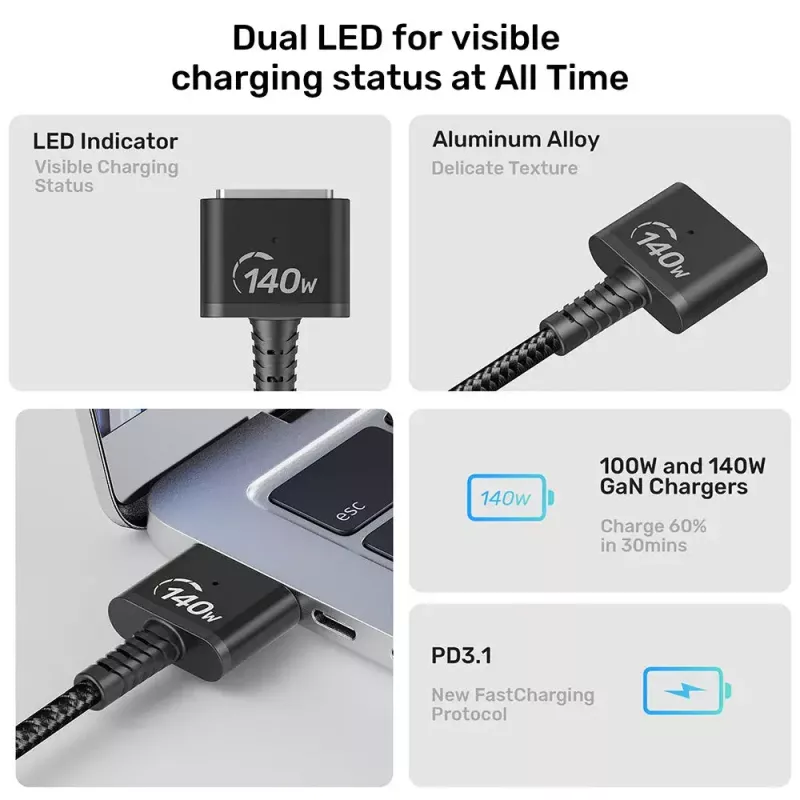 Cabo de alimentação UNITEK C14121BK-1M preto MagSafe 3 USB-C 1m 28V 5A