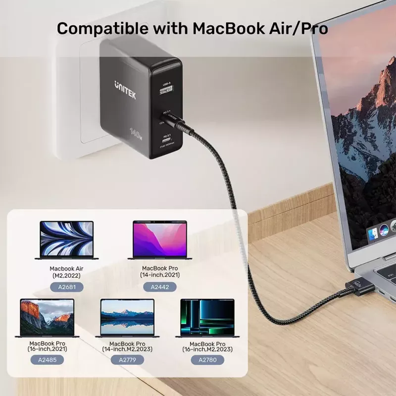 Cabo de alimentação UNITEK C14121BK-1M preto MagSafe 3 USB-C 1m 28V 5A