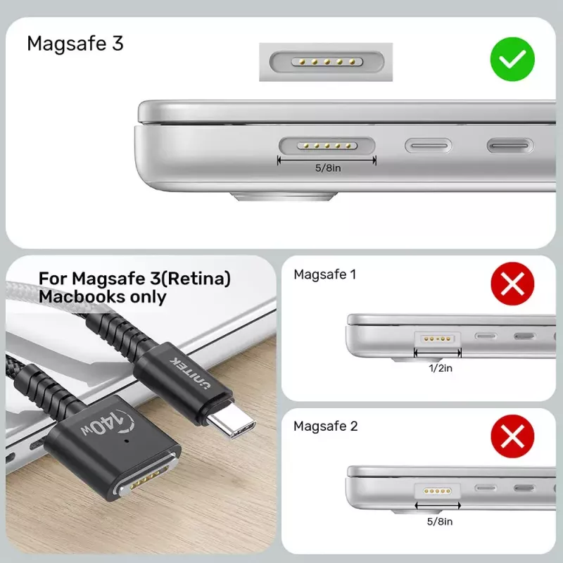 Cabo de alimentação UNITEK C14121BK-1M preto MagSafe 3 USB-C 1m 28V 5A