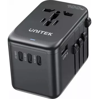 Carregador de viagem Unitek P1123ABK01 — Unitek PD 100W, ficha multirregião EU/US/UK/AUS