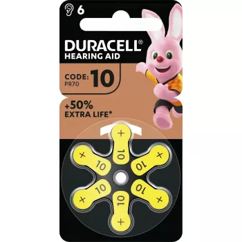Pilhas para aparelhos auditivos Duracell EasyTab tamanho 10, pack de 6