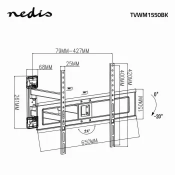 Suporte de TV Nedis TVWM1550BK para ecrãs de 94–177,8 cm (37–70 polegadas), VESA máx. 600x400, carga máx. 25 kg, preto