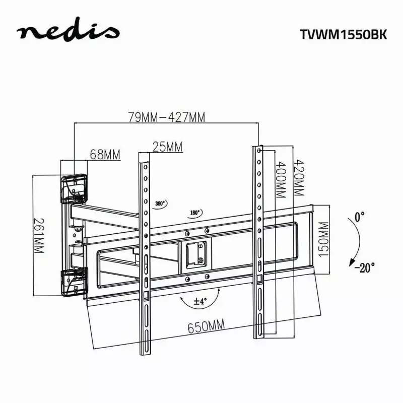 Suporte de TV Nedis TVWM1550BK para ecrãs de 94–177,8 cm (37–70 polegadas), VESA máx. 600x400, carga máx. 25 kg, preto