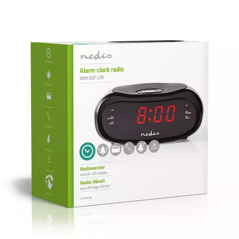 Despertador digital Nedis CLAR001BK — visor LED, oval, 130×60×100 mm, 220–240 V, FM/AM, preto
