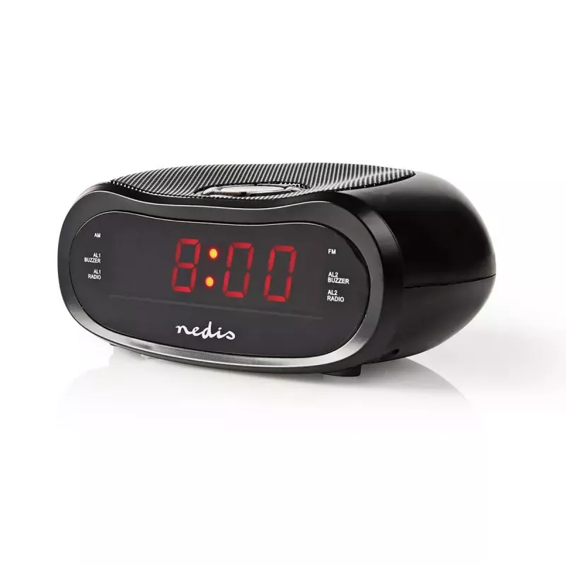 Despertador digital Nedis CLAR001BK — visor LED, oval, 130×60×100 mm, 220–240 V, FM/AM, preto