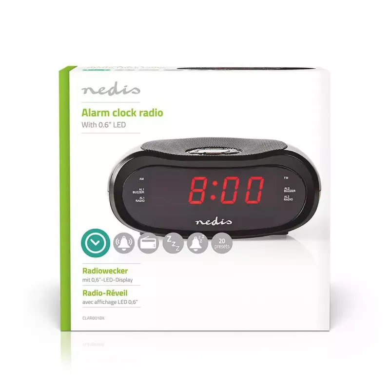 Despertador digital Nedis CLAR001BK — visor LED, oval, 130×60×100 mm, 220–240 V, FM/AM, preto