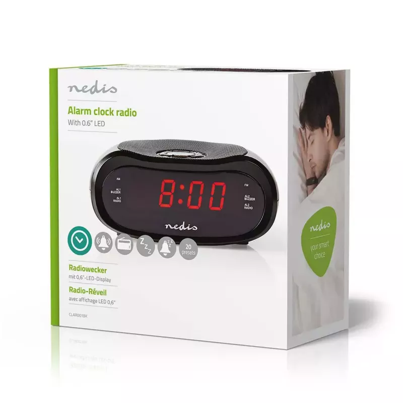Despertador digital Nedis CLAR001BK — visor LED, oval, 130×60×100 mm, 220–240 V, FM/AM, preto