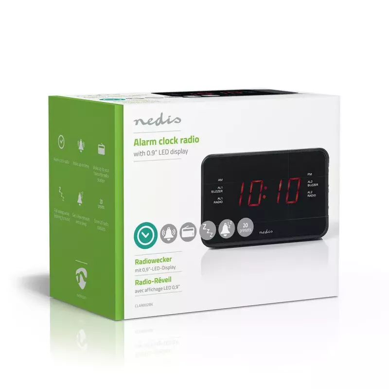 Despertador digital Nedis CLAR002BK — visor LED, AC 220–240V, 130×80×70 mm, preto