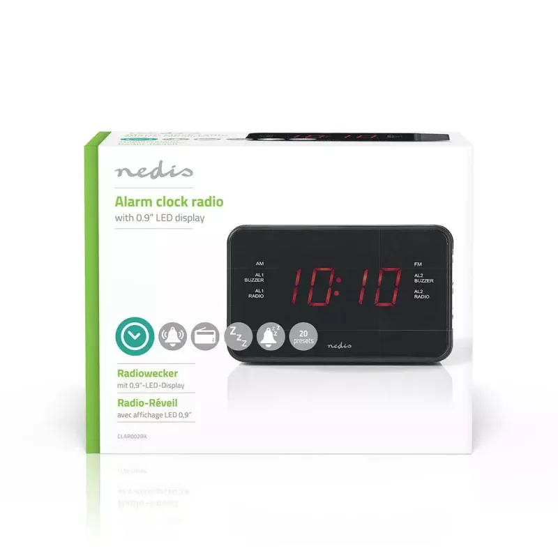 Despertador digital Nedis CLAR002BK — visor LED, AC 220–240V, 130×80×70 mm, preto
