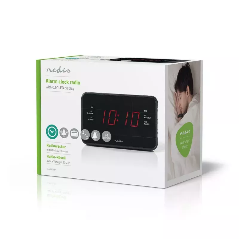 Despertador digital Nedis CLAR002BK — visor LED, AC 220–240V, 130×80×70 mm, preto
