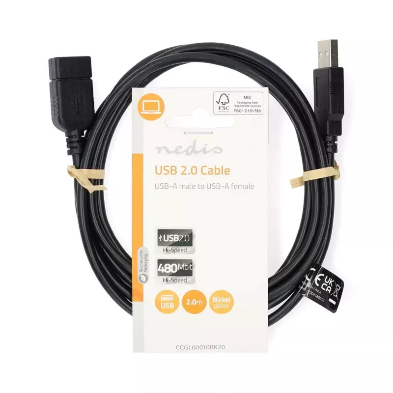 Nedis CCGL60010BK20 Cabo de extensão USB 2.0, A macho para A fêmea, 2 m, preto