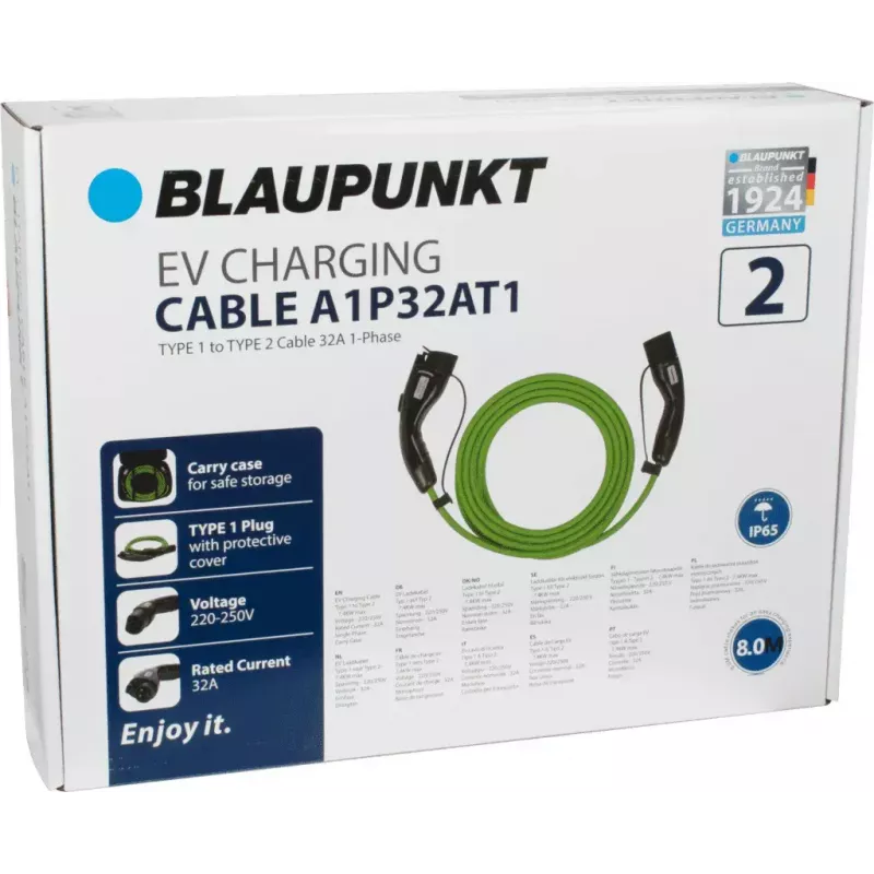 Blaupunkt A1P32AT1 cabo de carregamento para veículos elétricos, Tipo 1 para Tipo 2, 8 m, 32 A, monofásico