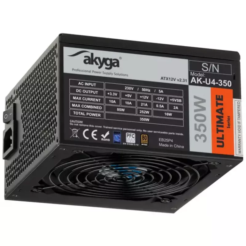 Fonte de alimentação ATX Akyga AK-U4-350 Ultimate 350 W, 80 PLUS Bronze, PFC ativo, ventoinha de 120 mm