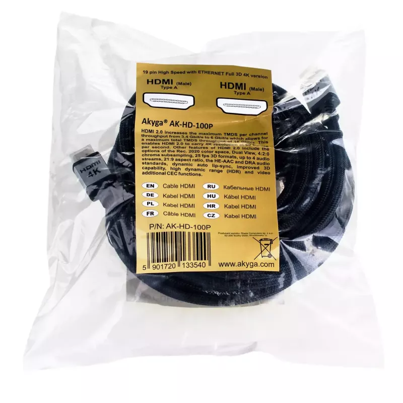 Cabo HDMI 2.0 Akyga AK-HD-100P, trançado, série PRO, 10 m, preto