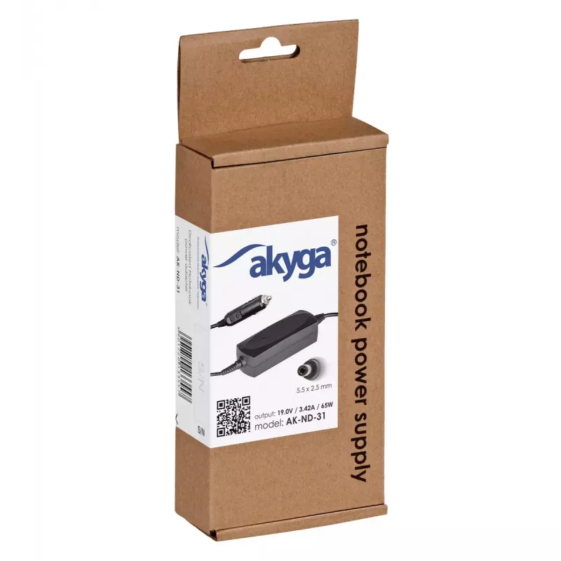 Fonte de alimentação para automóvel Akyga AK-ND-31 para portáteis Asus / Toshiba, 65 W, 19 V / 3,42 A, 5,5 x 2,5 mm, entrada 12 V