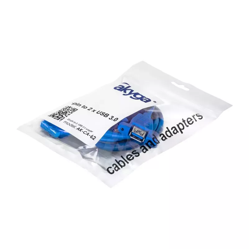 Cabo adaptador interno USB 3.0 Akyga AK-CA-62, conector de 19 pinos para 2 x conector fêmea USB-A, 0,65 m