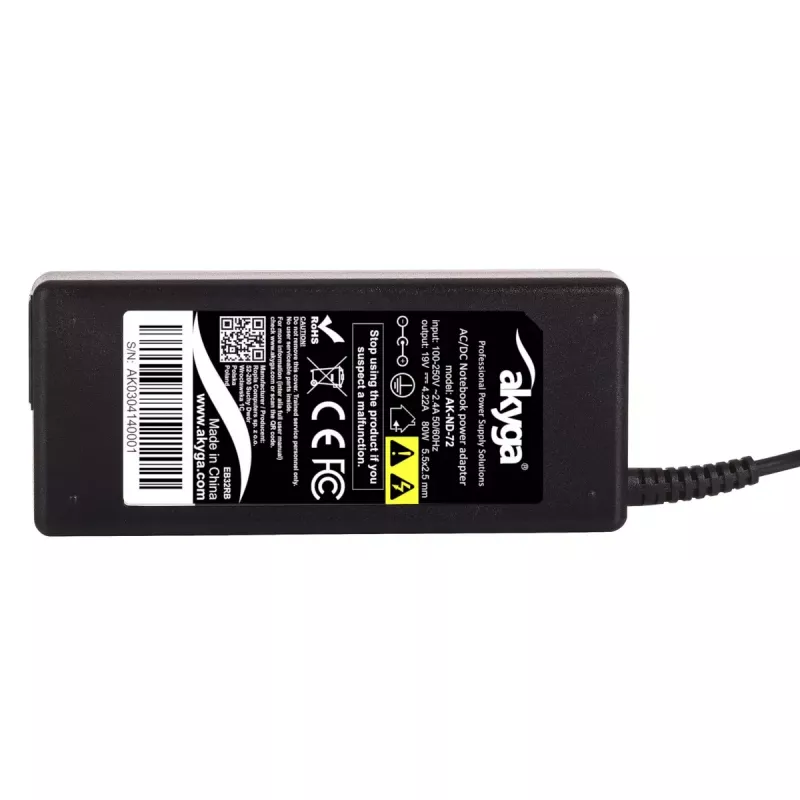 Fonte de alimentação Akyga AK-ND-72 para portáteis Toshiba e impressoras Zebra, 80 W, 19 V, 4,22 A, 5,5 x 2,5 mm
