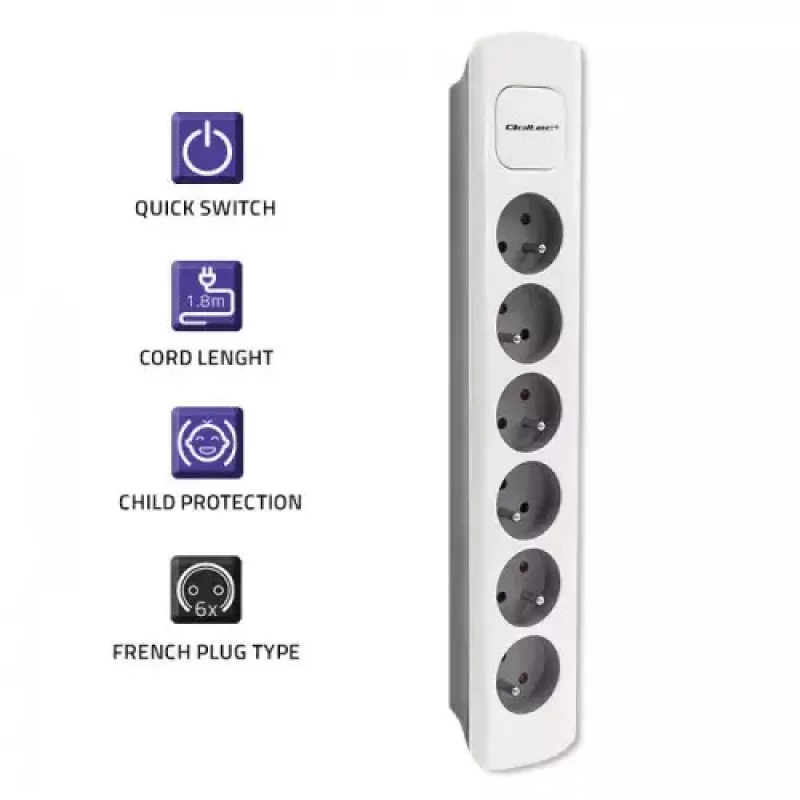 Extensão elétrica Qoltec 50297 1,8 m 6 tomadas AC para interior cinzento branco