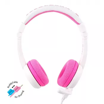 Auscultadores com fio BuddyPhones School+ com arco de cabeça para chamadas e música, 20–20000 Hz, cabo de 1,4 m, rosa/branco